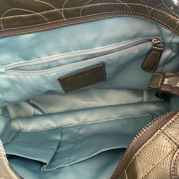 Coach Women’s Patent Leather Gray Stitched Monogram Top Zip Shoulder Handbag - Picture 3 of 16